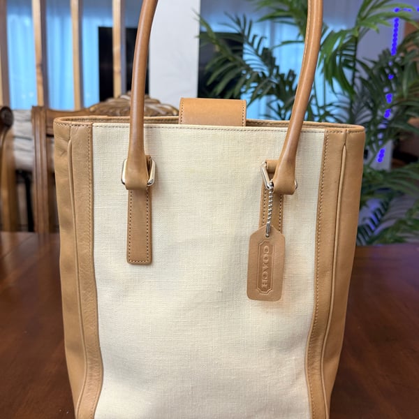 Rare Vintage Coach 9429 Bonnie Bucket Linen Leather Tan Cream Shoulder Bag