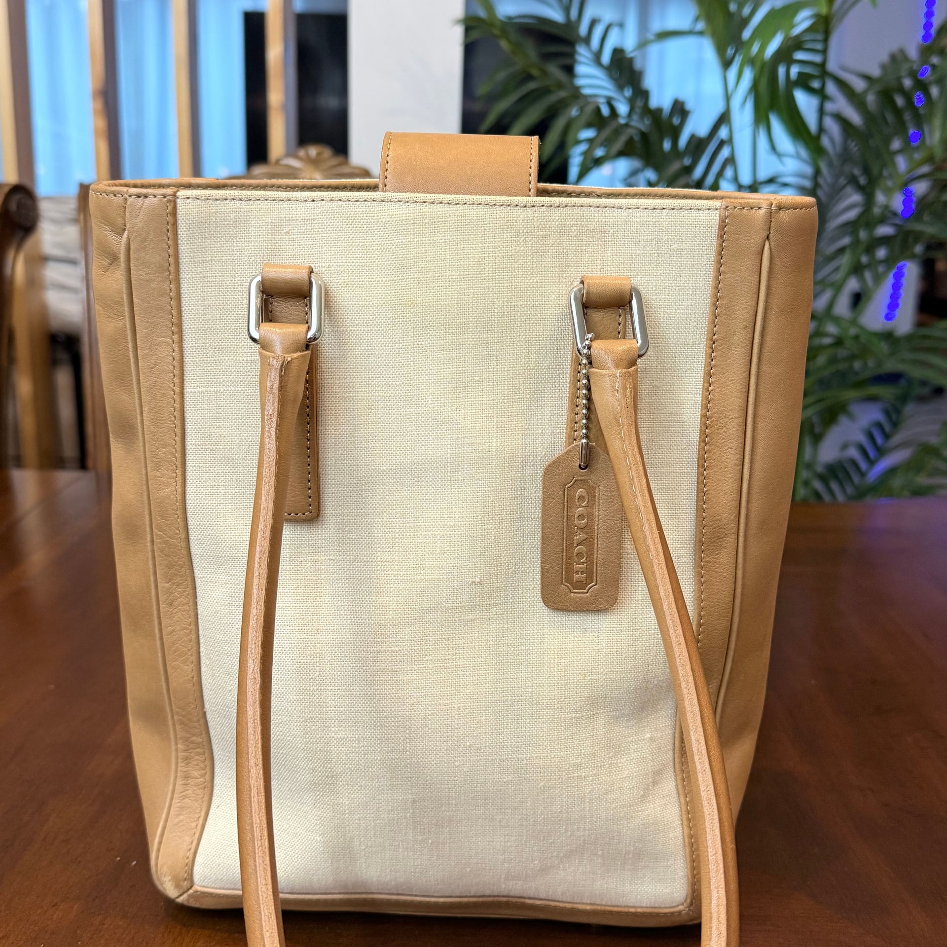 Rare Vintage Coach 9429 Bonnie Bucket Linen Leather Tan Cream Shoulder Bag 2