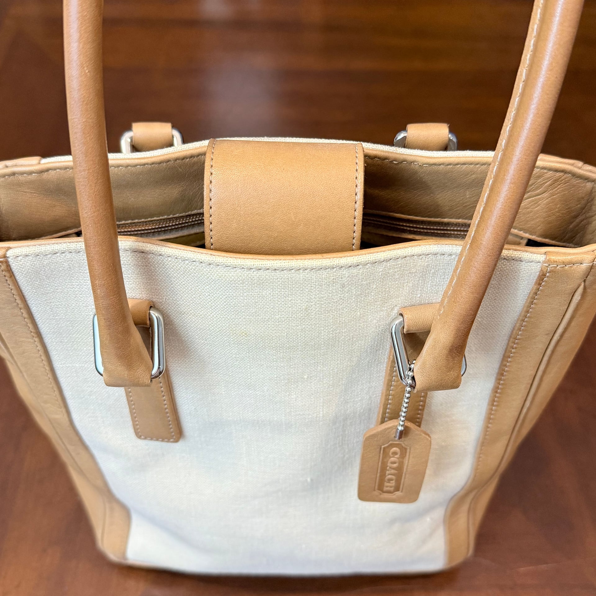 Rare Vintage Coach 9429 Bonnie Bucket Linen Leather Tan Cream Shoulder Bag 3
