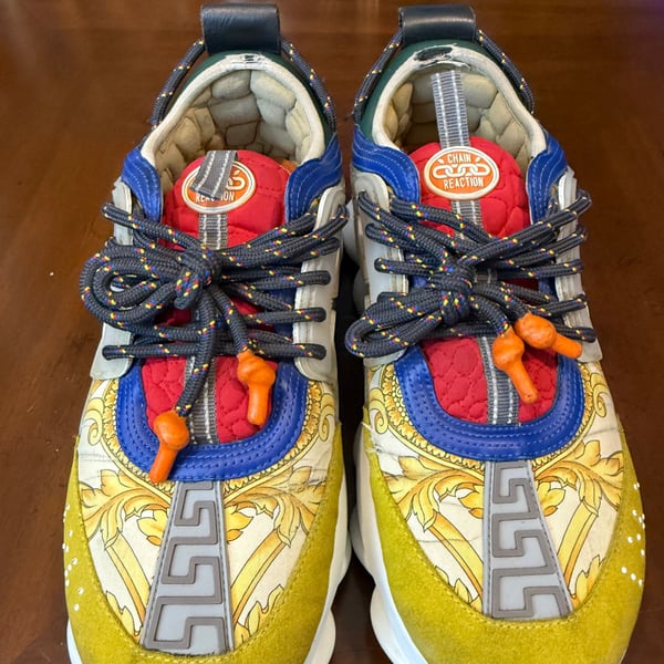 VERSACE Chain Reaction yellow blue suede sneaker