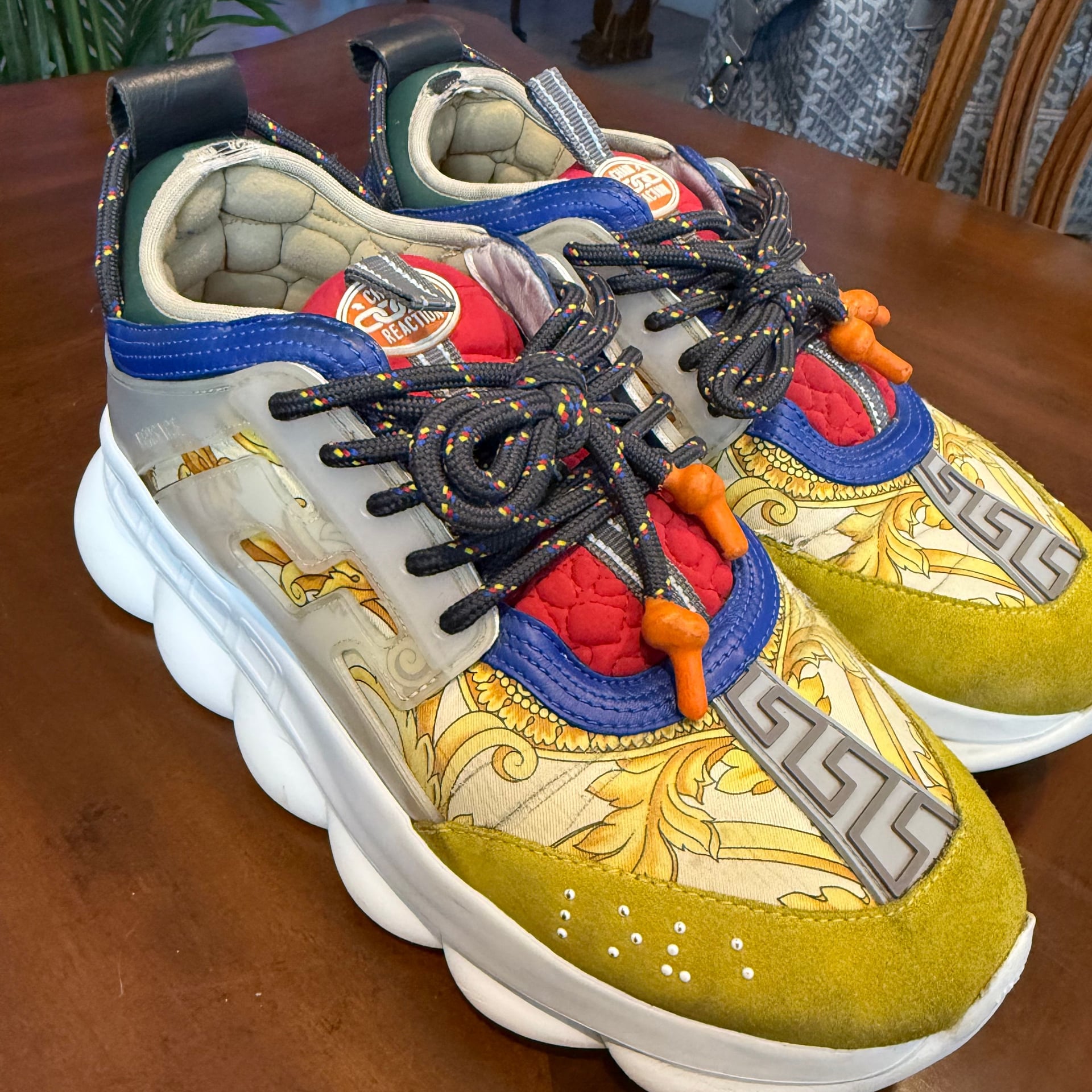VERSACE Chain Reaction yellow blue suede sneaker 2