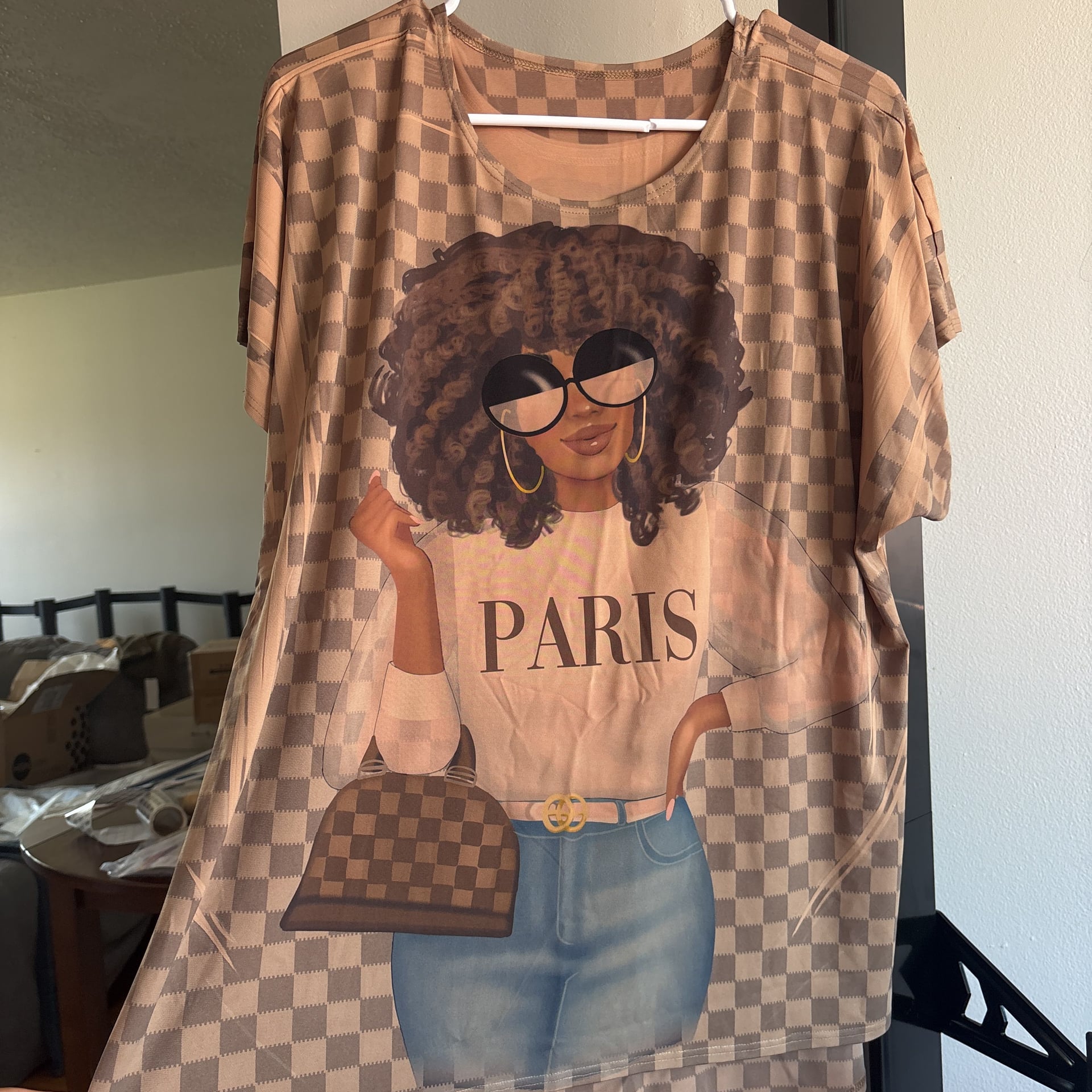 African American Girl Power Print Short Sleeve V-Neck Dress with Pockets 2