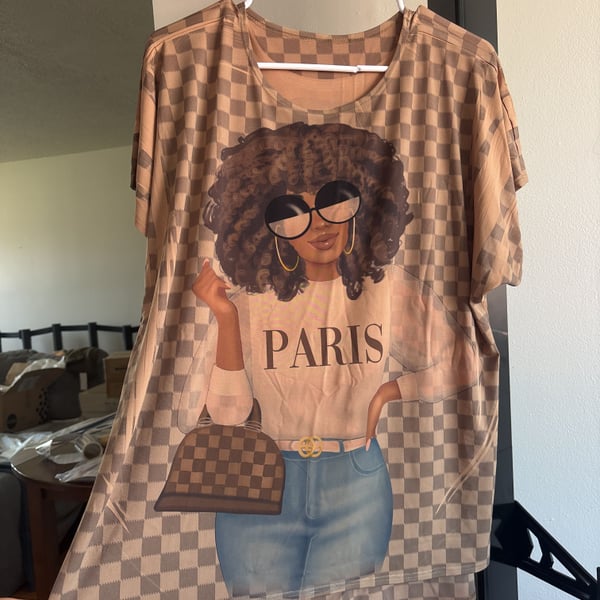 African American Girl Power Print Short Sleeve V-Neck Dress with Pockets