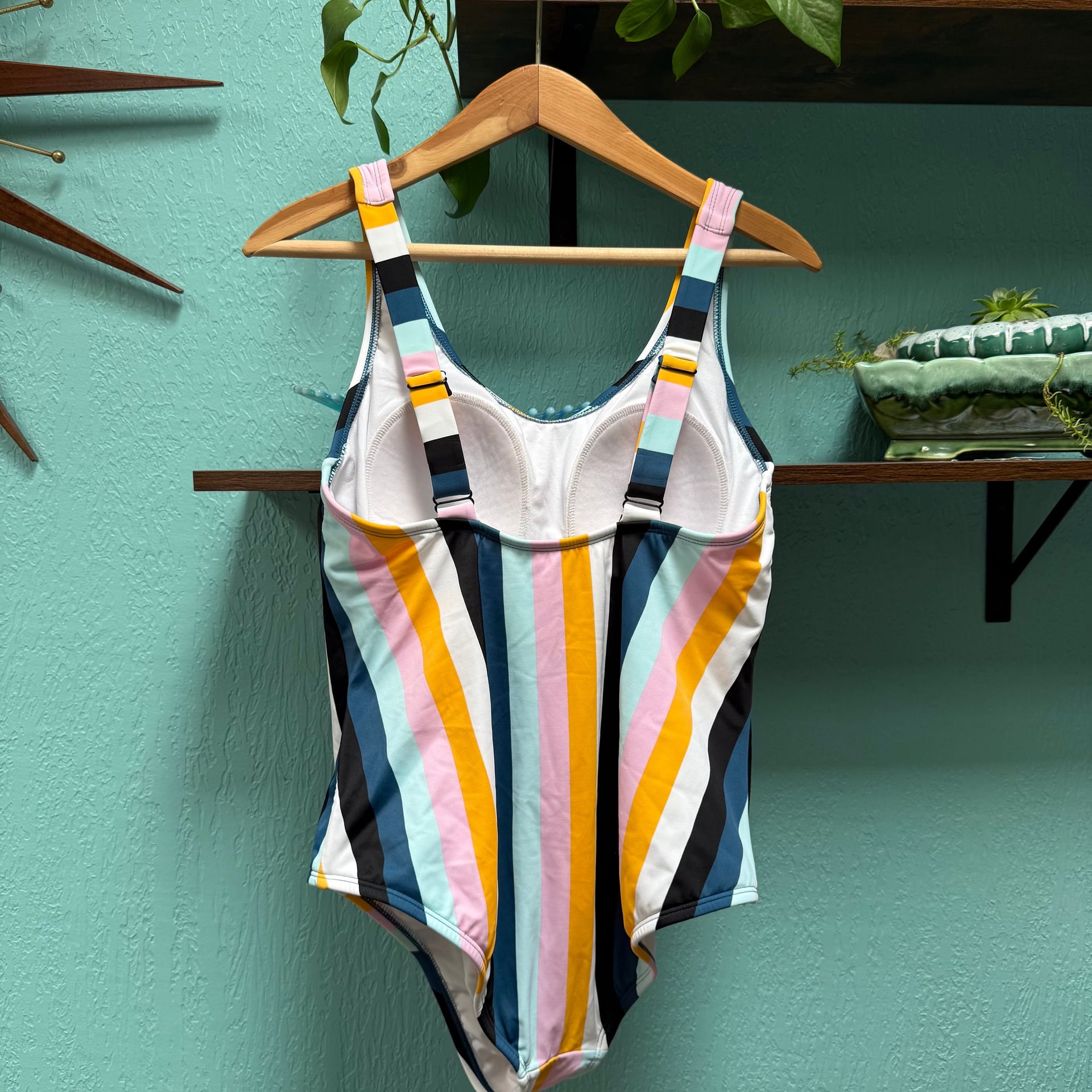 Kona Sol Vertical Stripe One Piece Swimsuit Sz L Colorful EUC 4