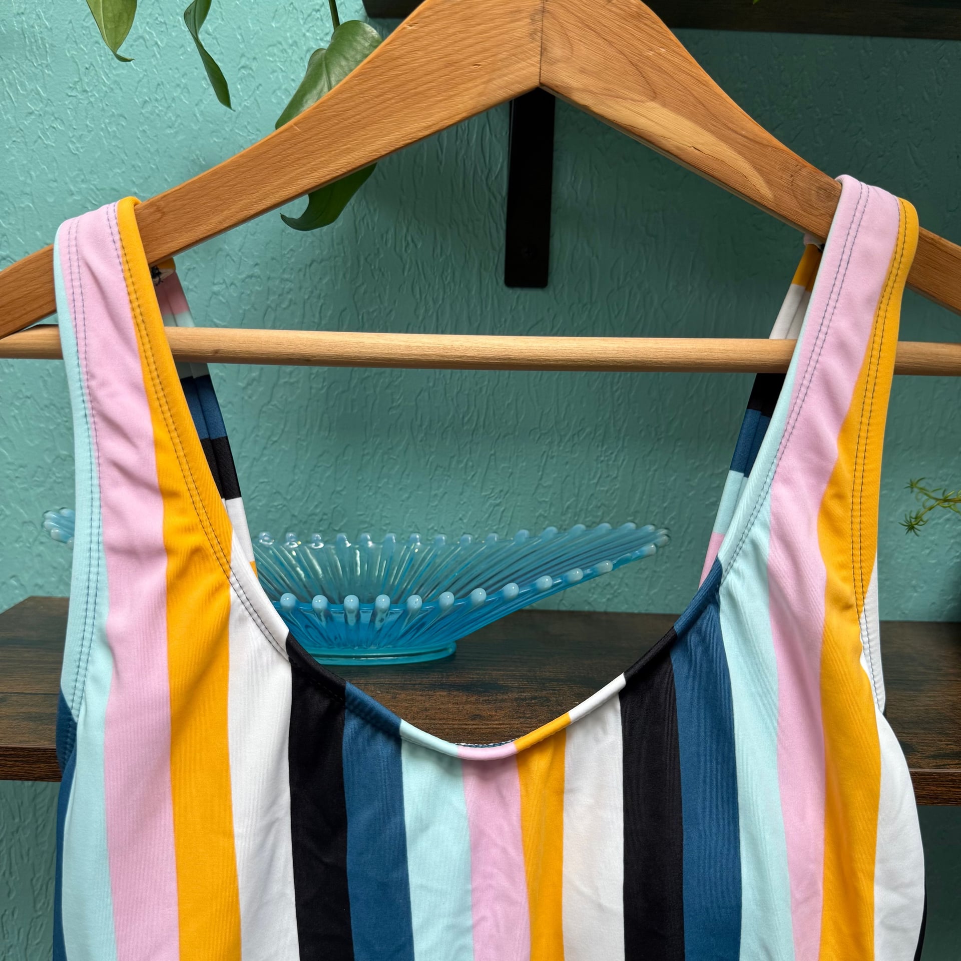Kona Sol Vertical Stripe One Piece Swimsuit Sz L Colorful EUC 3