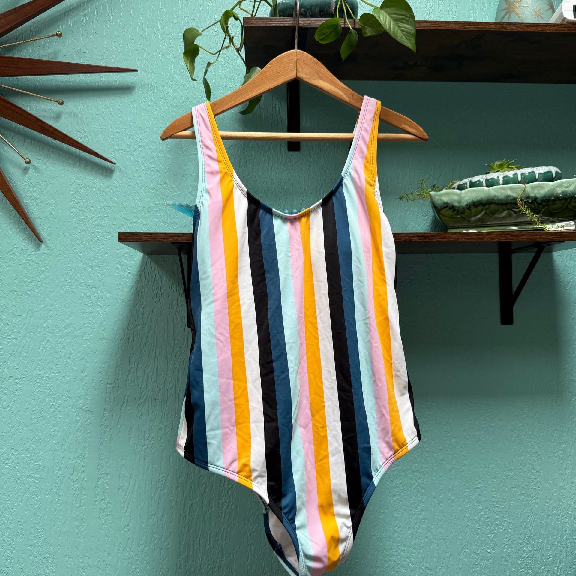 Kona Sol Vertical Stripe One Piece Swimsuit Sz L Colorful EUC 2