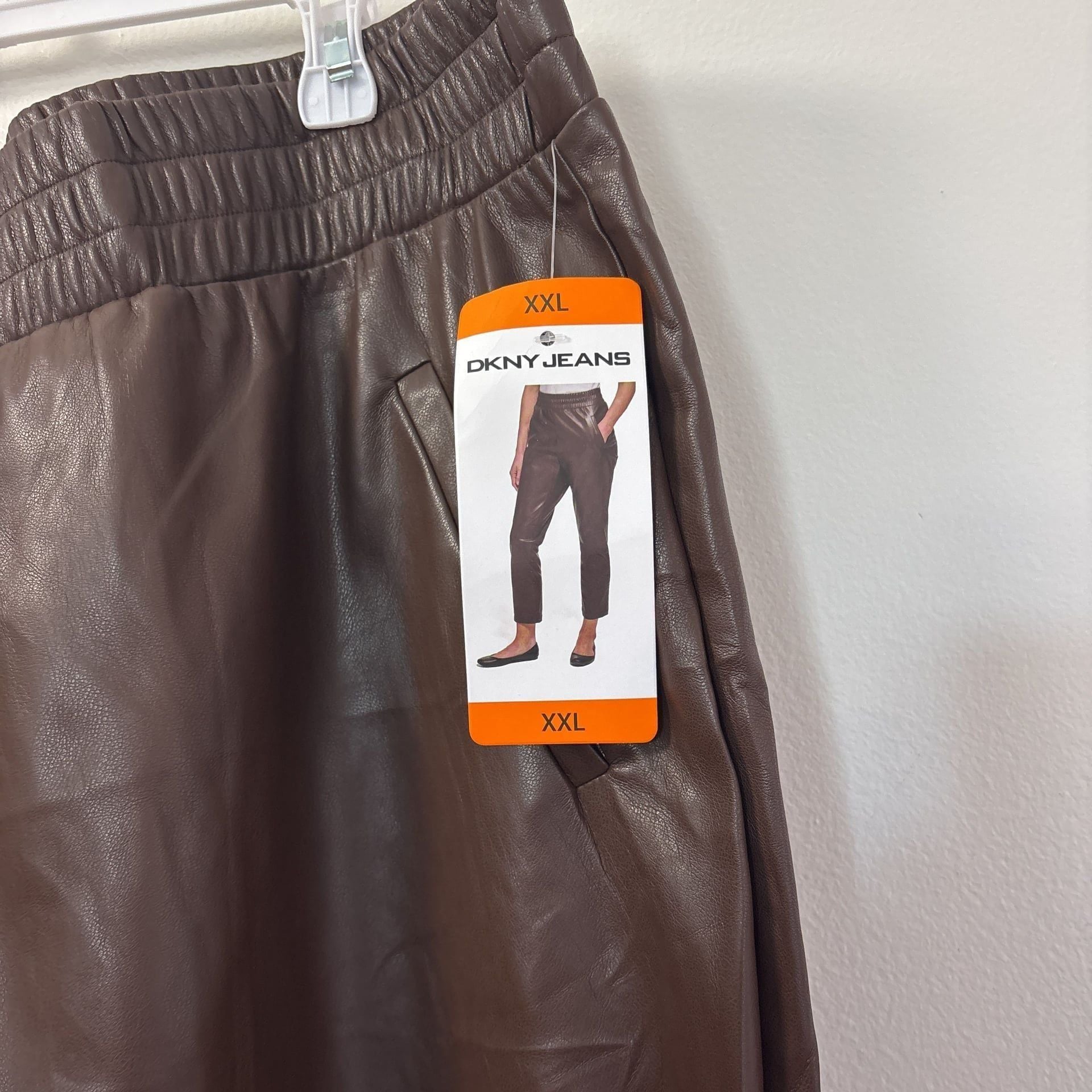 DKNY Jeans Women's Faux Leather Pull-On Elastic Waist Jogger Pants in Brown, Size Large 3