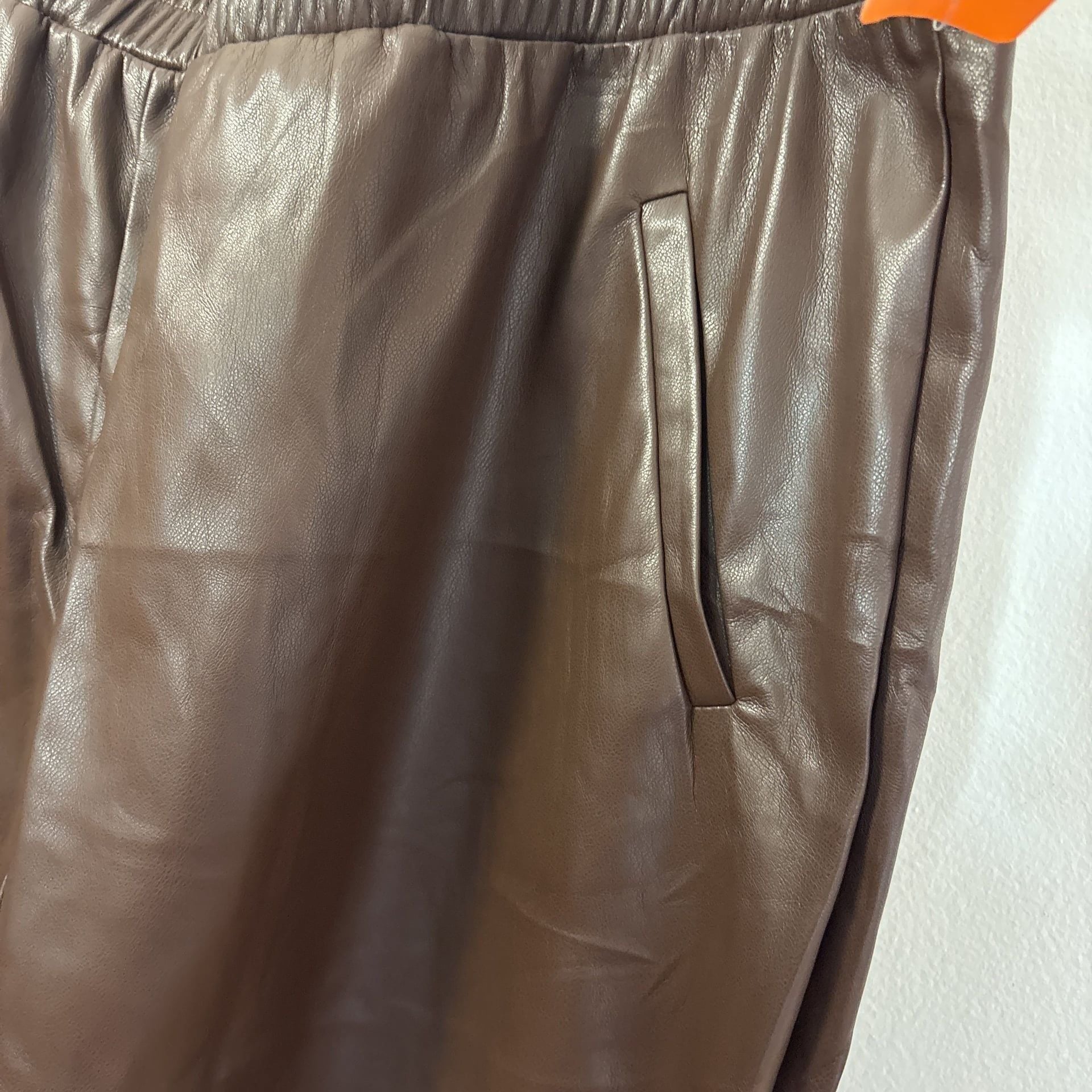 DKNY Jeans Women's Faux Leather Pull-On Elastic Waist Jogger Pants in Brown, Size Large 4