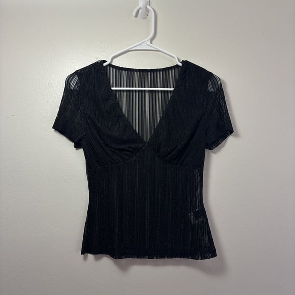 Women's Black Sheer Mesh Deep V-Neck Sequin Striped Short Sleeve Tee Top