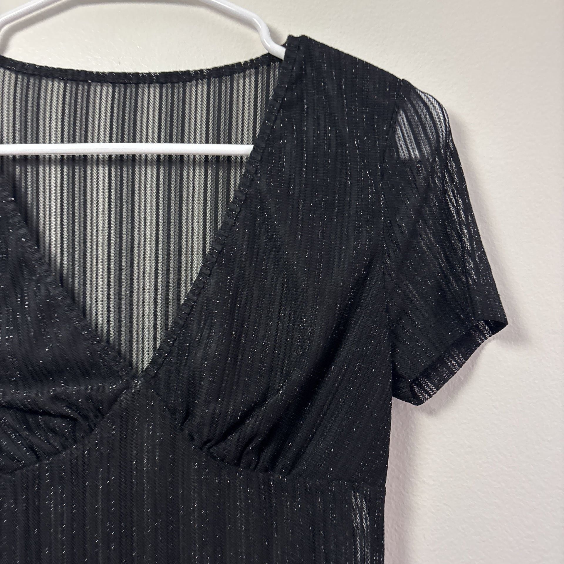 Women's Black Sheer Mesh Deep V-Neck Sequin Striped Short Sleeve Tee Top 3