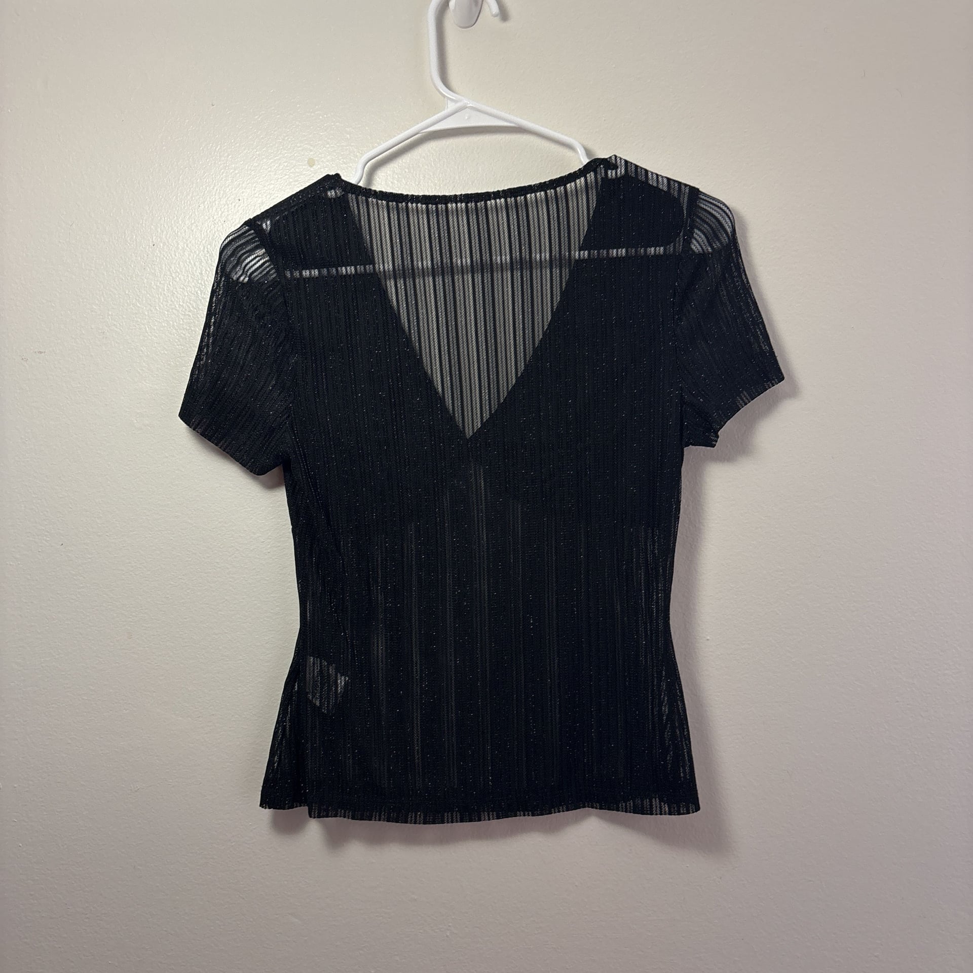 Women's Black Sheer Mesh Deep V-Neck Sequin Striped Short Sleeve Tee Top 5
