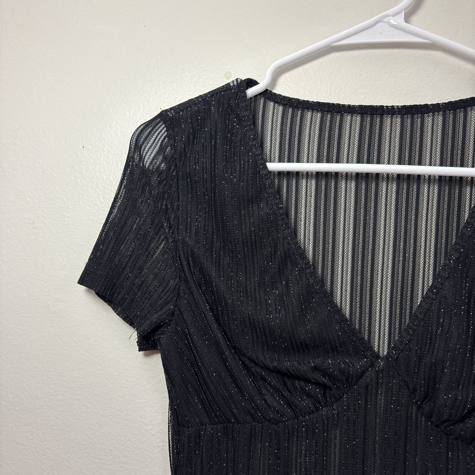 Women's Black Sheer Mesh Deep V-Neck Sequin Striped Short Sleeve Tee Top 4
