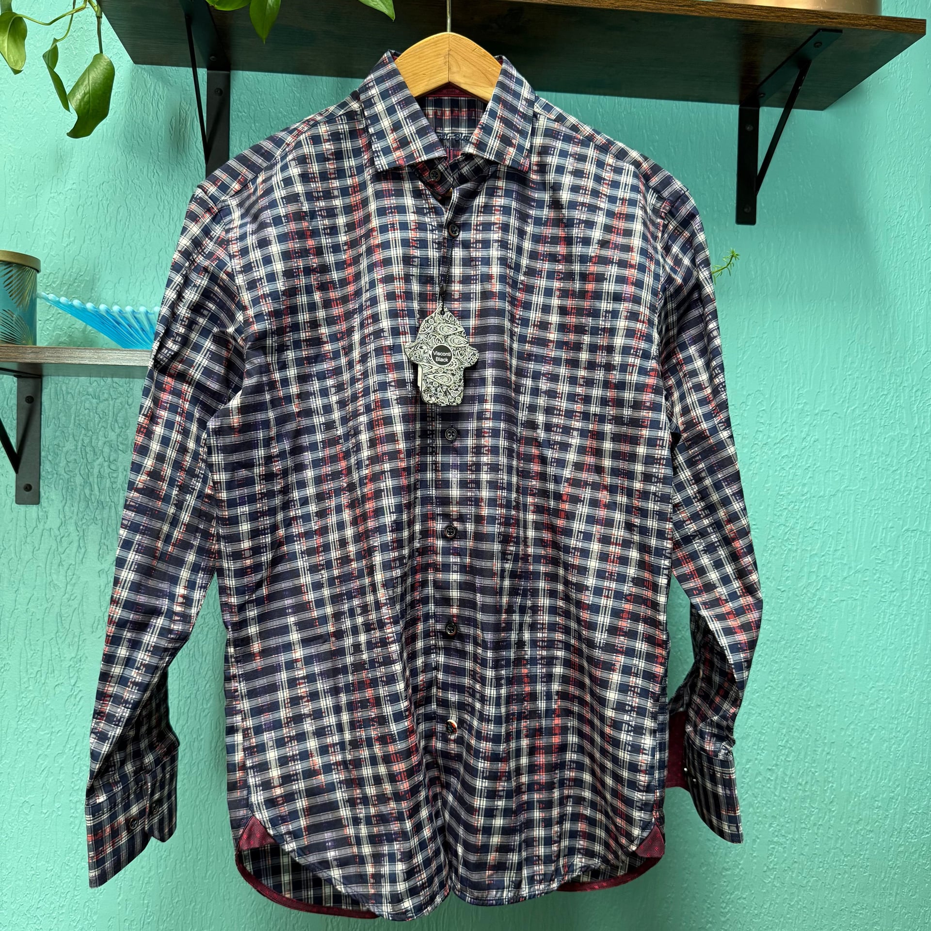 NWT Visconti Black Men Sz S Wavelength Plaid ButtonUp Shirt MultiColor Geometric 3