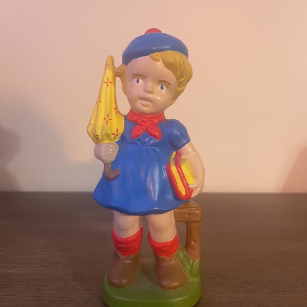 Vintage Porcelain Girl Figurine with Umbrella and Books