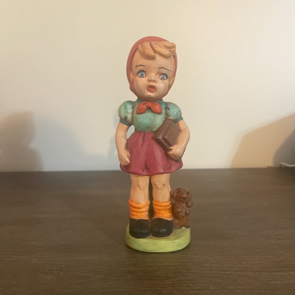 Vintage Ceramic School Girl with Books and Puppy Figurine