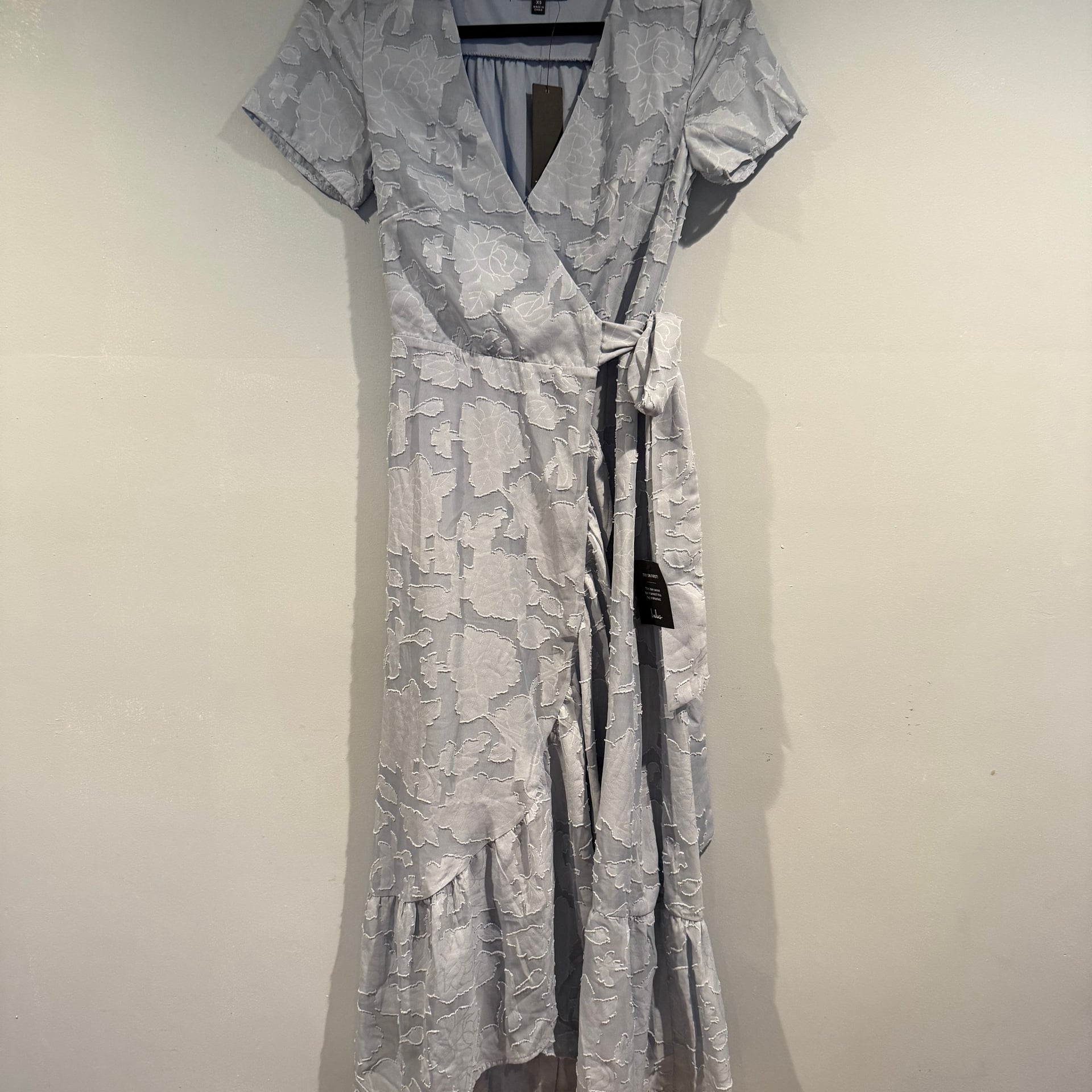Lulus Blissfully Light Blue Jacquard Short Sleeve Wrap Midi Dress 1