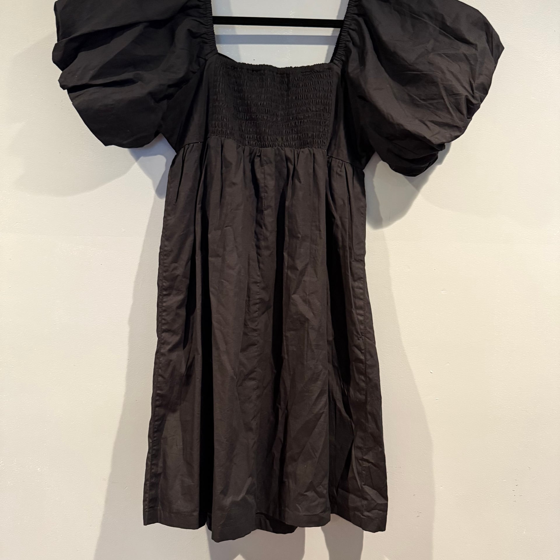 Black Smocked Cotton A-Line Dress 2
