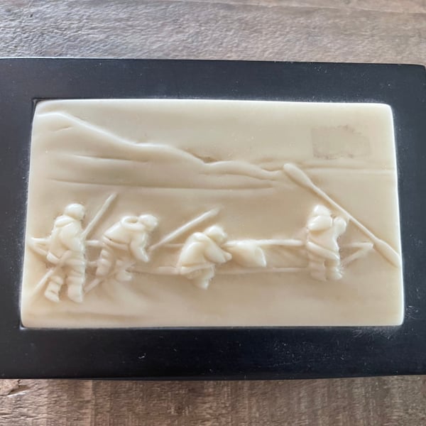 Incolay Stone Trinket Box with Men Fishing Boat