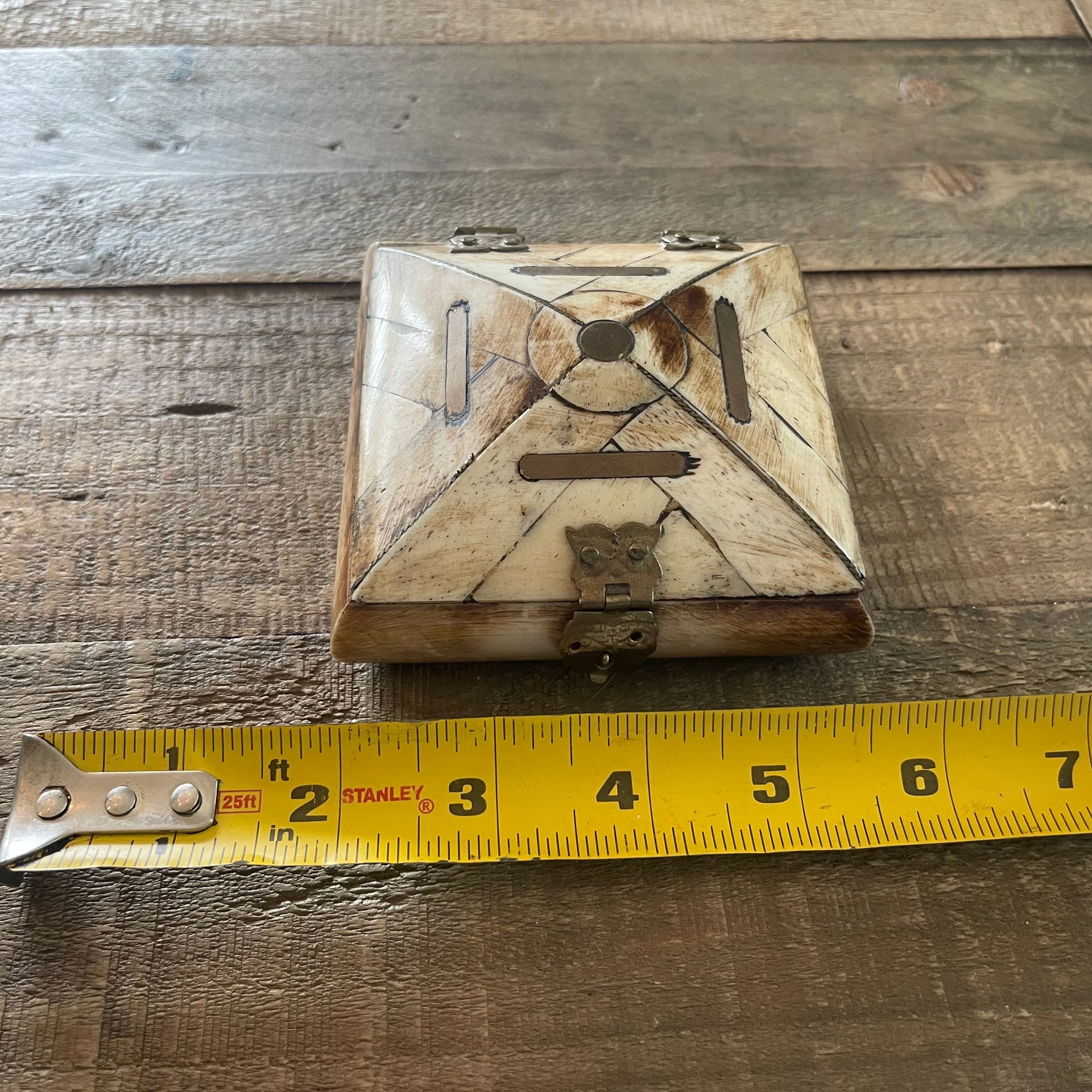 Vintage Camel Bone Trinket Box with Brass Inlay and Velvet Lining 1