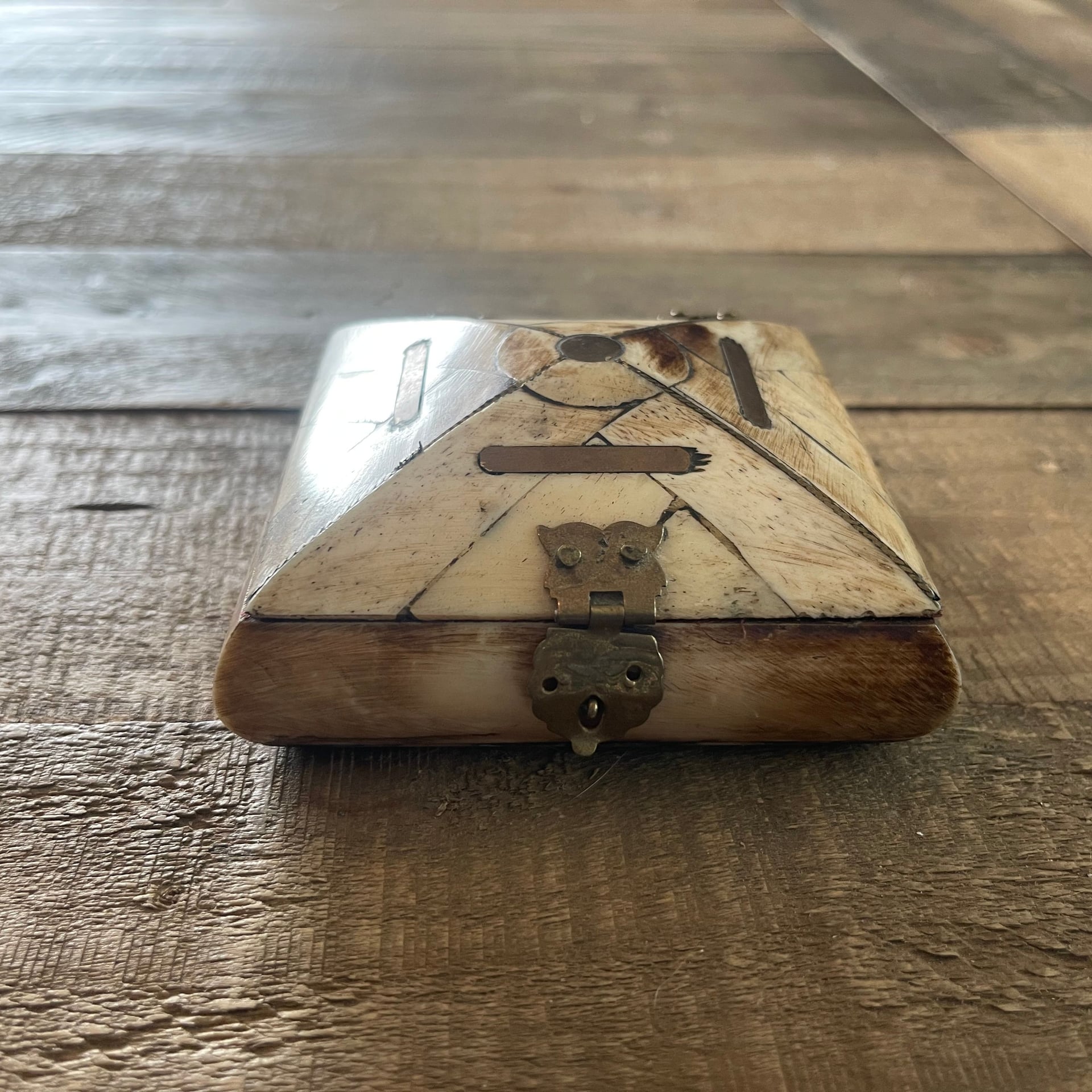 Vintage Camel Bone Trinket Box with Brass Inlay and Velvet Lining 3
