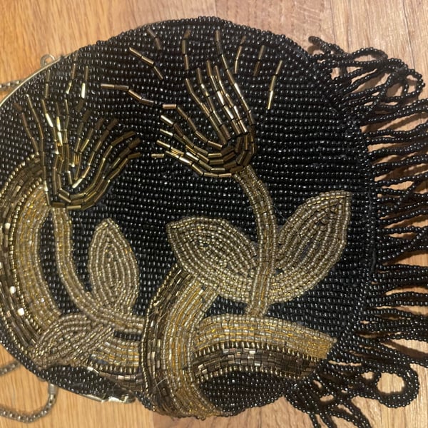 Vintage 1920s Black and Gold Beaded Evening Bag with Chain Strap