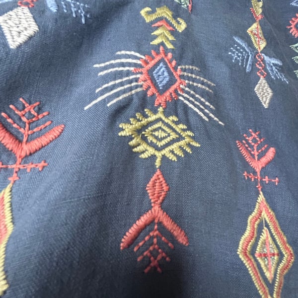 Johnny Was Navy Blue Thick Cotton Duster Coat w Colorful Embroidery Sz S