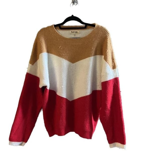 Peach Love California Women's Beige/Light Green V-Neck Knit Sweater