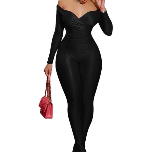 Sriswel Women's Sexy 2 Piece Off Shoulder Deep V Neck Sparkly Jumpsuit Set with Slit Hem Flare Pants