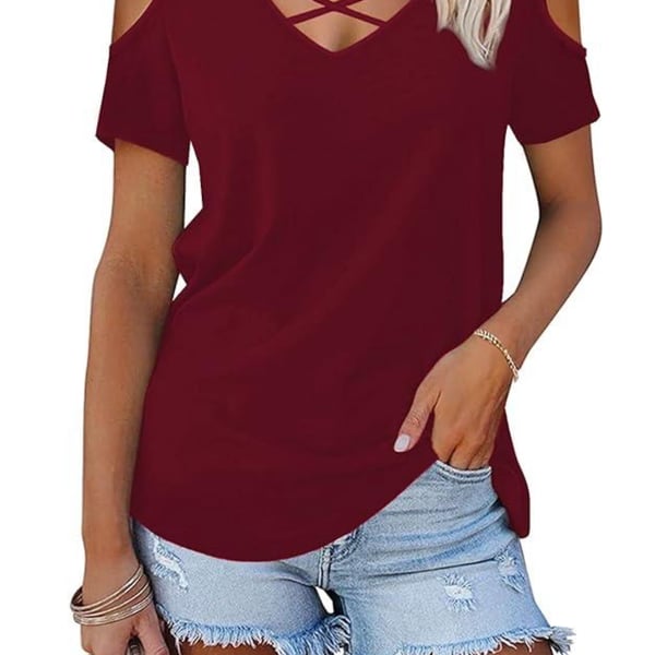 TKing Fashion Women's Short Sleeve Shirts V Neck Loose Fitting Tops Casual Solid T-shirts Trendy Basic Tunic Summer Ladies Tops Wine XL - .com,
