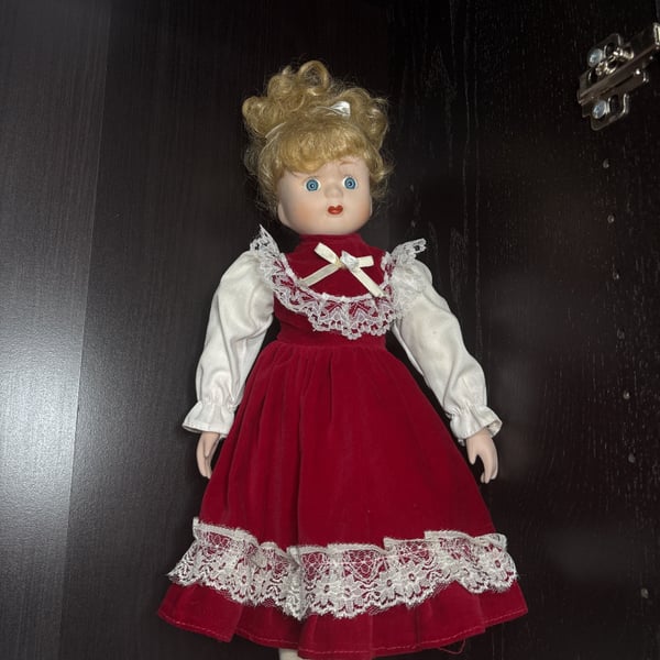 Vintage Porcelain Doll, Red Velvet Dress, Blonde Hair Blue Eyes, 16" Tall - UK