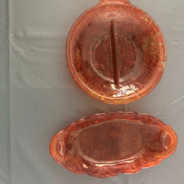 Vintage Glass Marigold Carnival Divided Relish Dish & Tray