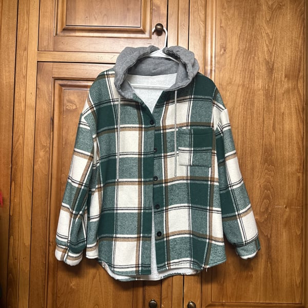 Plaid Pattern Double Pocket Design Fleece-lined Hooded Jacket