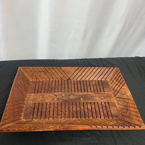 Handcrafted Wooden Serving Tray with Brass Inlay