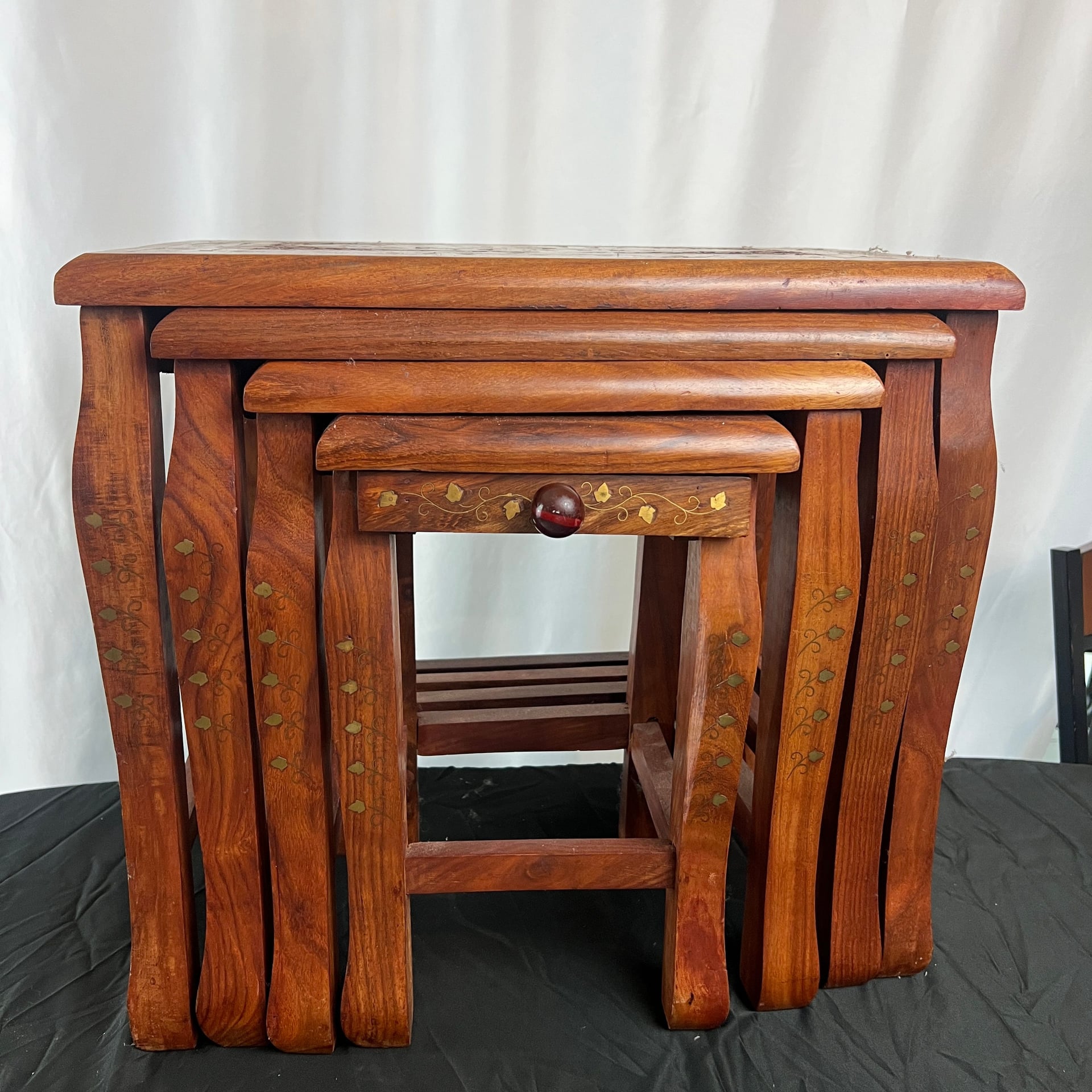 Wooden Stool/Table Set with Brass Inlay Work - Nesting Tables (Set of 4) 1