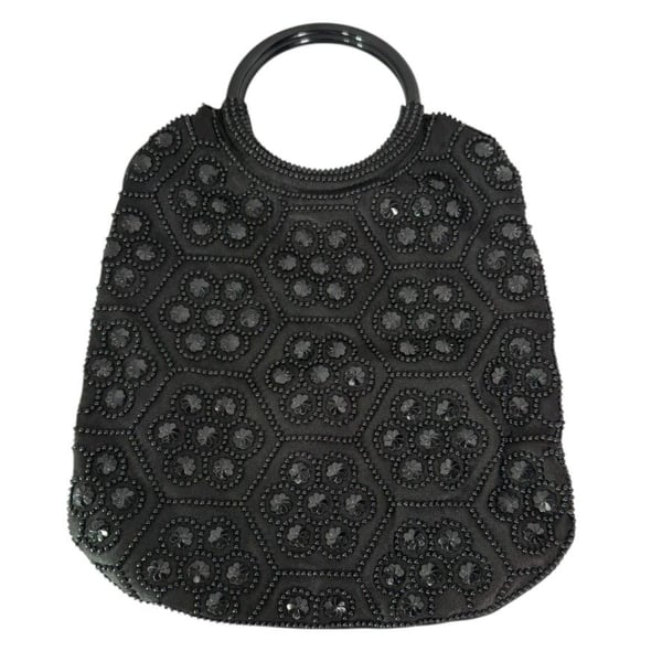 Vintage Black Beaded Evening Clutch Handbag with Gold Tone Chain