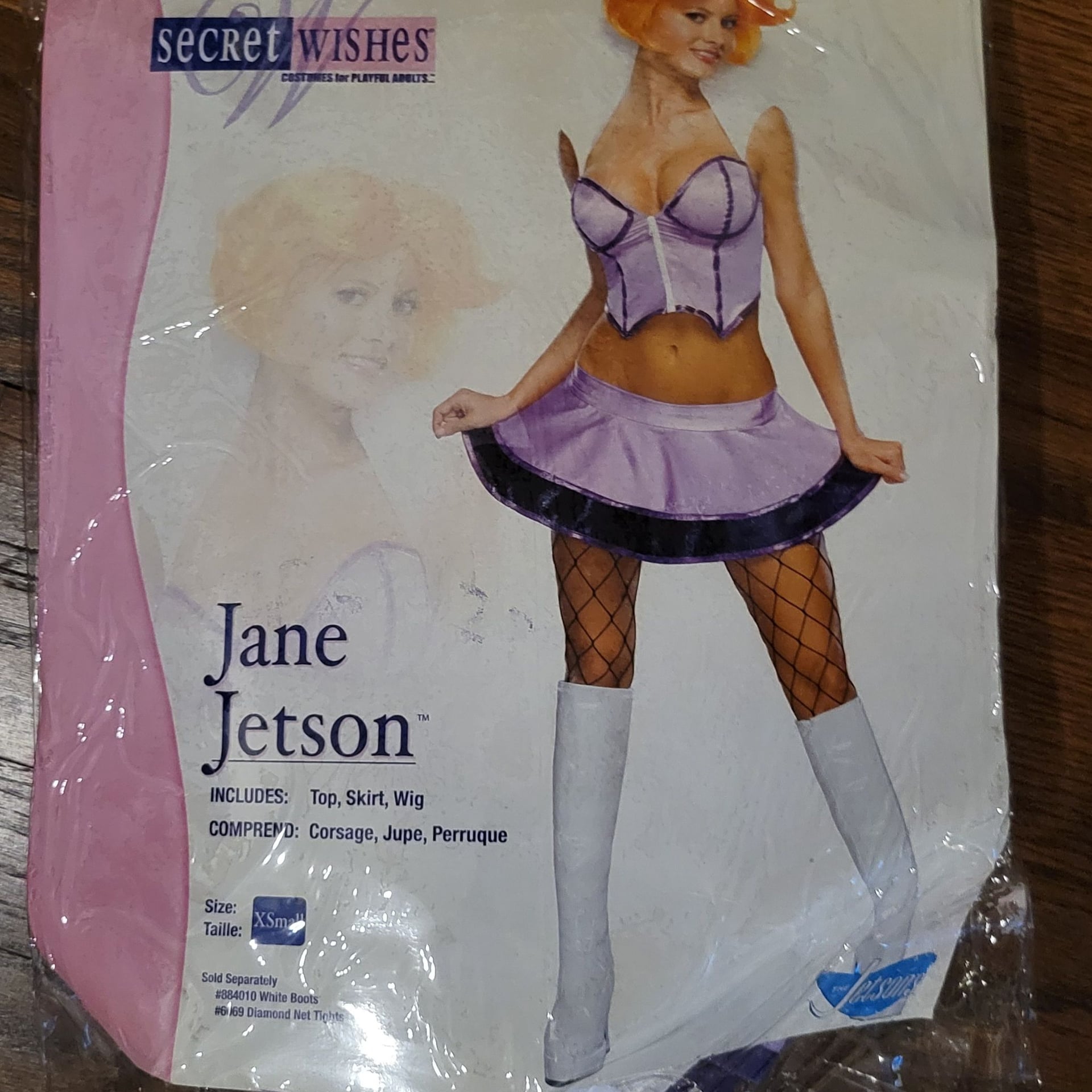 Jane Jetson XS Costume (crop top, skirt, wig) plus purple fish nets 7