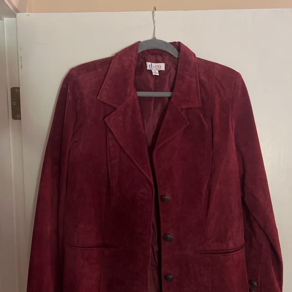 Vintage d&co Cranberry Suede Leather Classic Notched 3 Button Satin Lined Jacket Size s