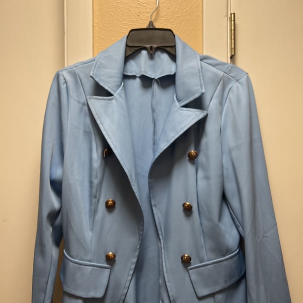 Baby Blue Double Breasted Knit Blazer with Gold Buttons