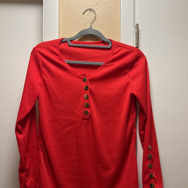Red Waffle Knit Long Sleeve Henley Top