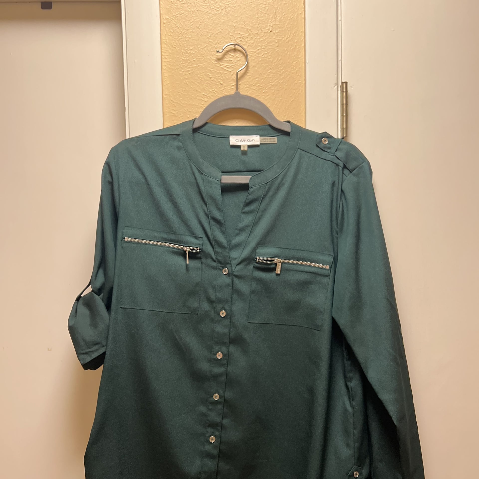 Calvin Klein Deep Green Zipper Pocket Button-Down Shirt 1