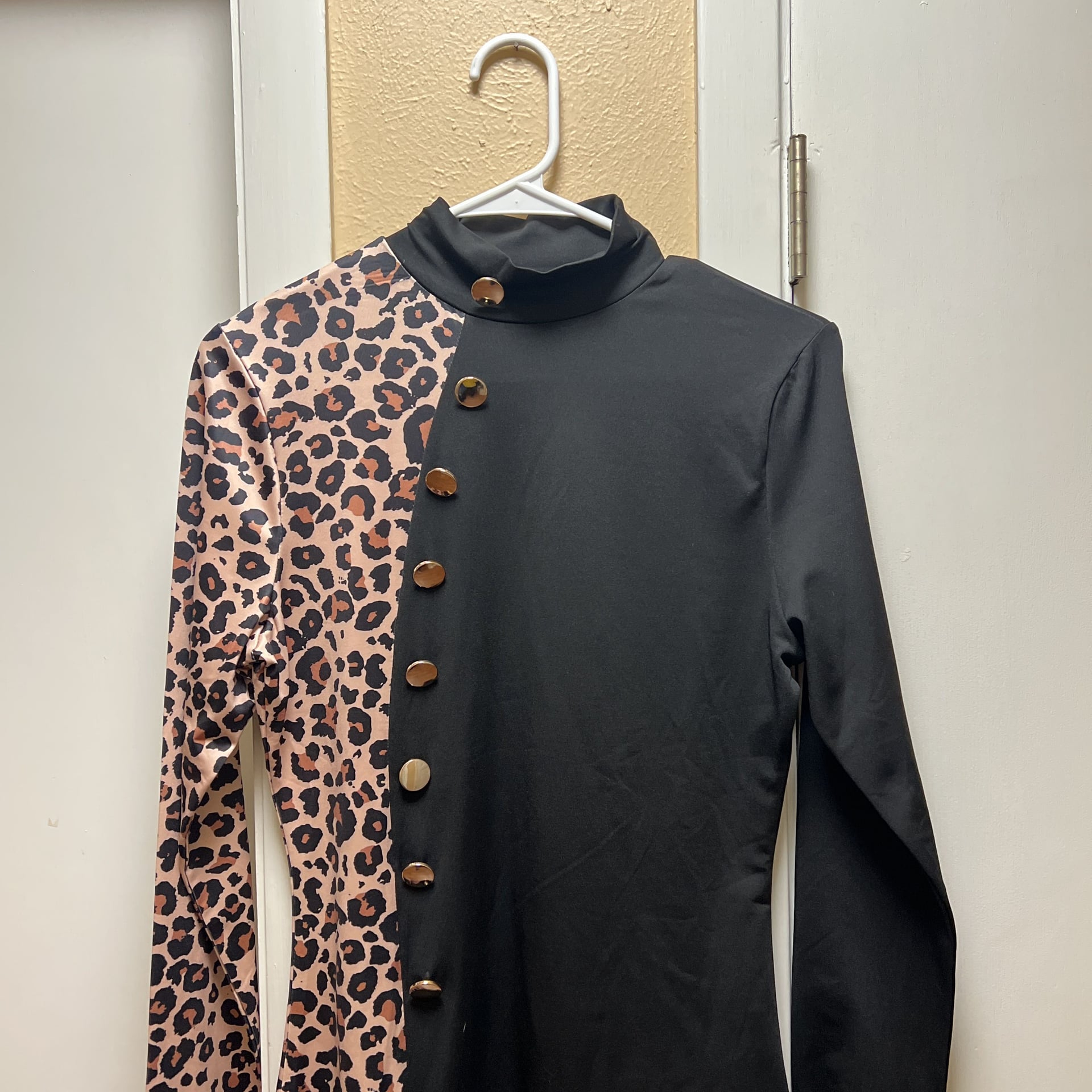 Black and Leopard Print Long Sleeve Mock Neck T-shirt 1
