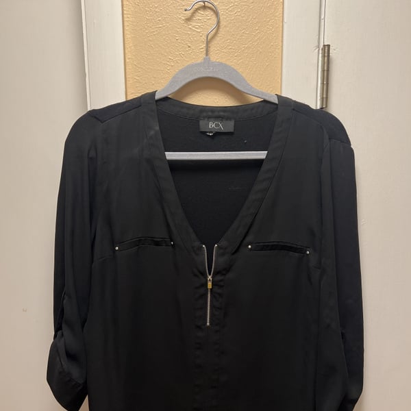 Black V-Neck Zipper Blouse with Gold Hardware