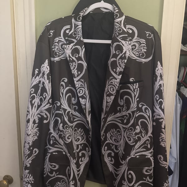 Men's Black and Silver Floral Pattern Slim Fit Blazer Jacket