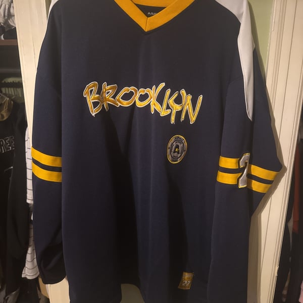 Asphalt Legend #27 Brooklyn Hockey Jersey Shirt Navy Yellow Long Sleeve XL