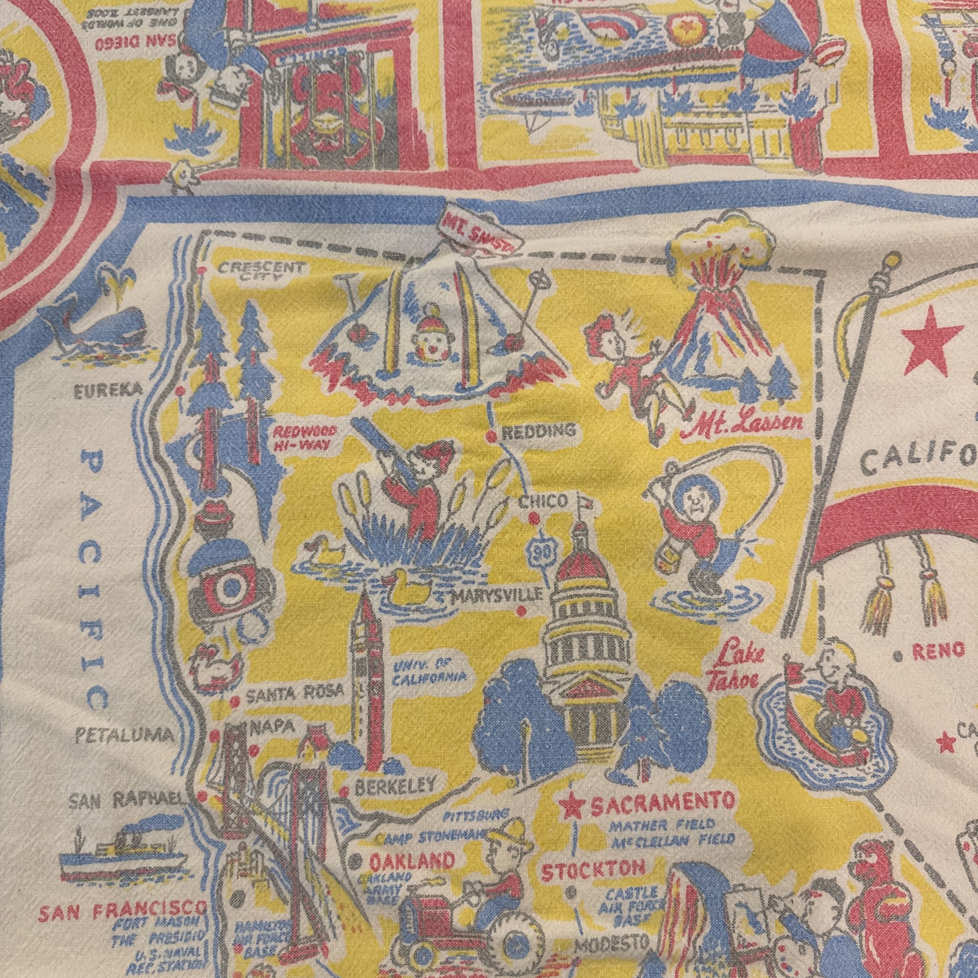 Vintage California Cloth Map With All Of California's Major Attractions 1