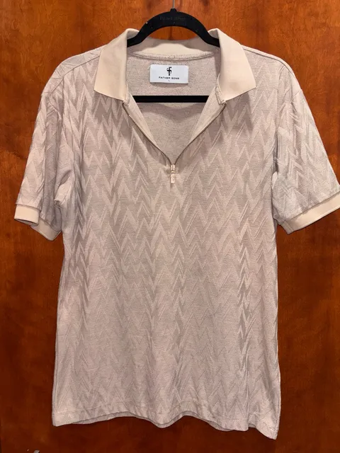 Father Sons Zip Polo Size L Beige Jacquard Knit Geometric Short Sleeve