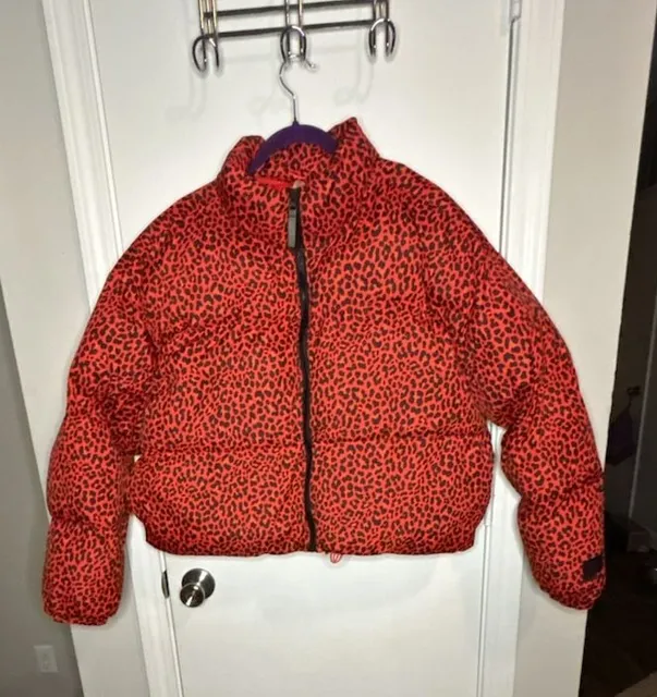 Fabletics Wander Cropped Puffer Jacket Size XL Red Leopard Print