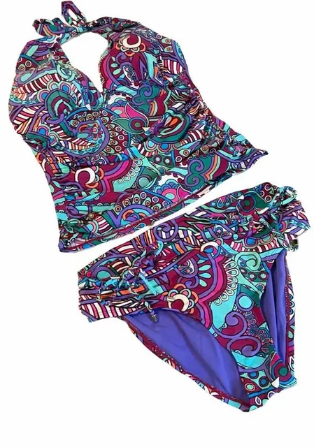 Gibson & Latimer Tankini Swimsuit Set Size M Multicolor Paisley Halter BOHO