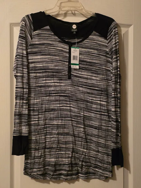 NWT Jones New York Sport Henley Shirt Size 0X Black Ivory Striped Long Sleeves