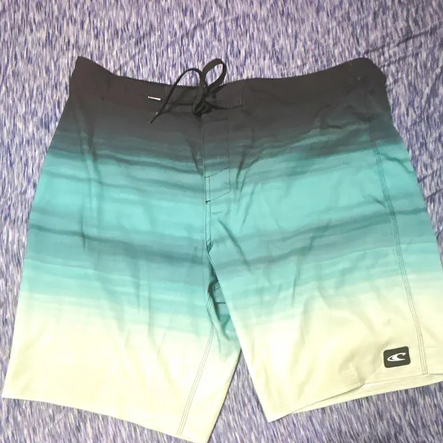 O'Neill Men’s Board Shorts Size 38 Black/Blue/Green Striped Drawstring Pocket